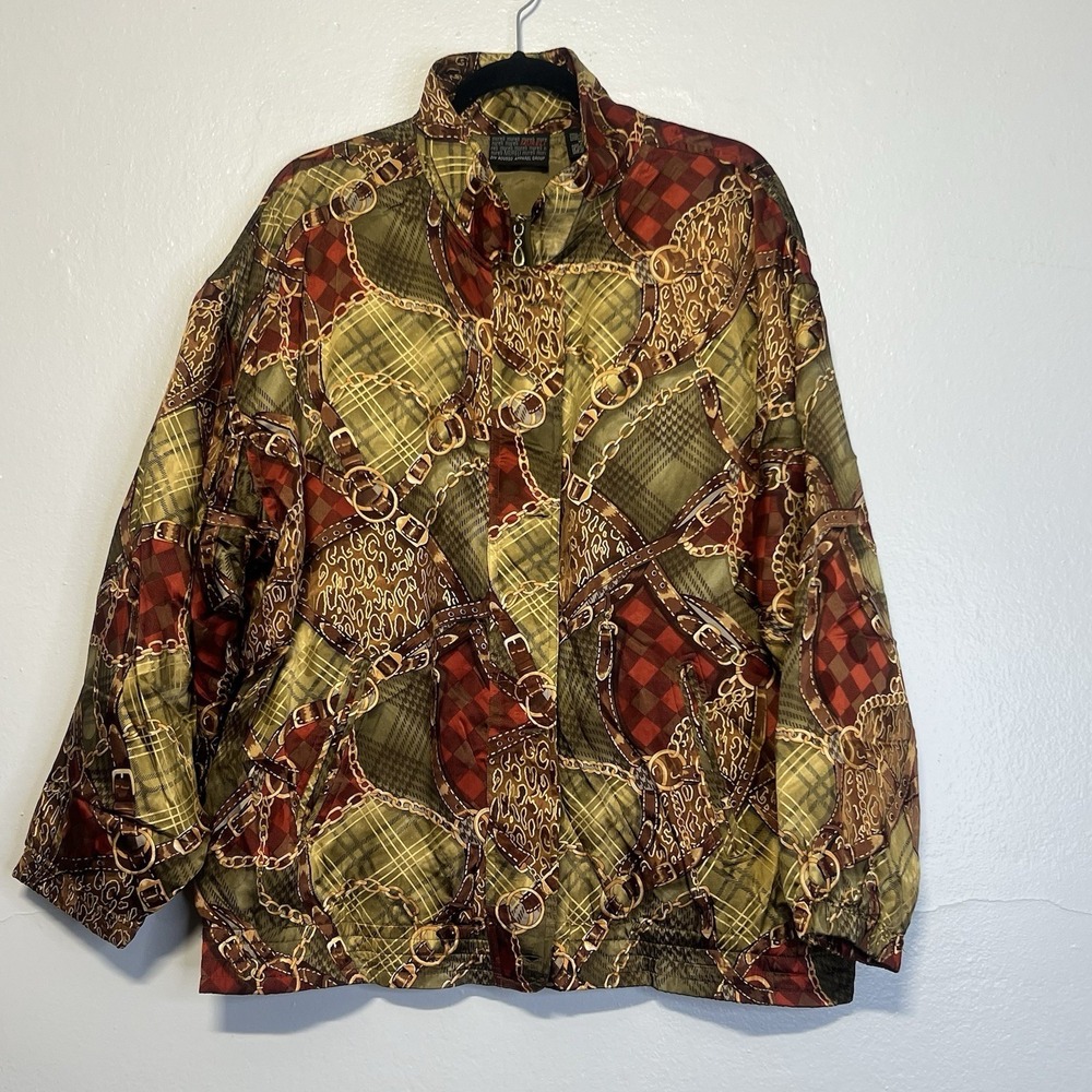 Vintage Murelli Silk Bomber Jacket Equestrian Scarf Print Zip Front Lined XL